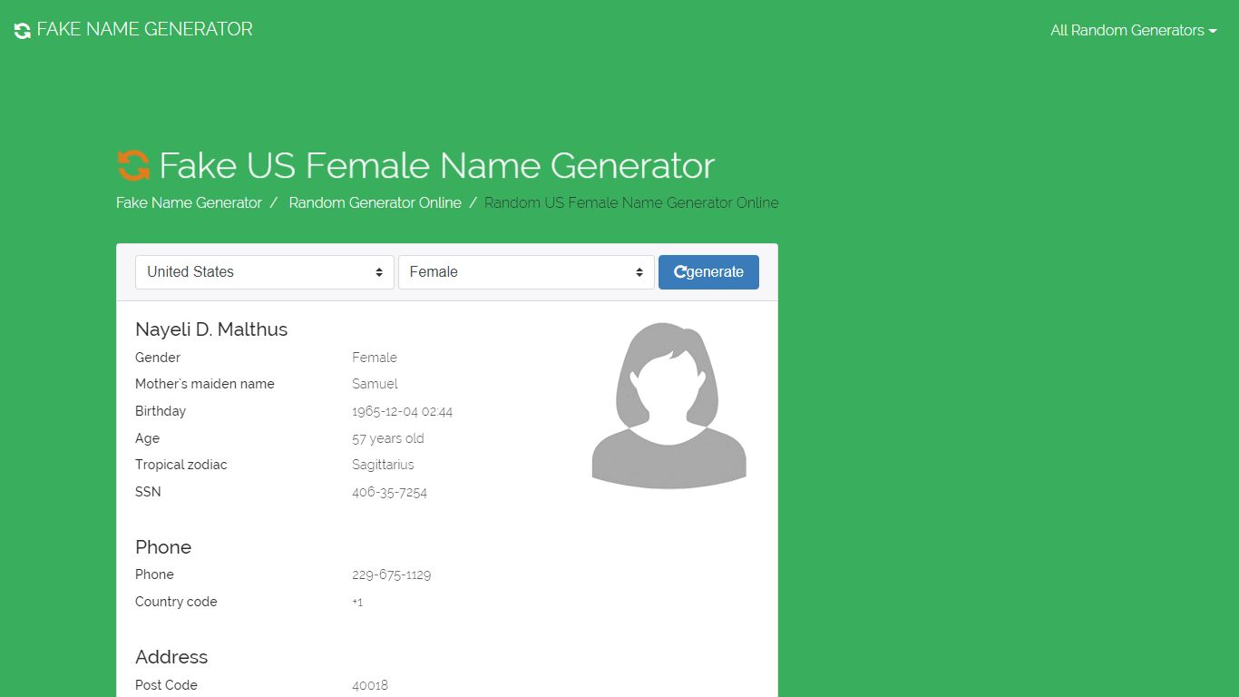 Fake US Female name generator online,Generate a Random US Female Name ...