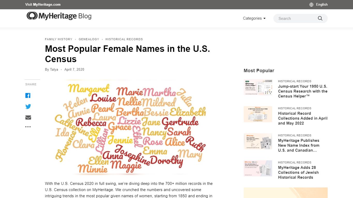 Most Popular Female Names in the U.S. Census - MyHeritage Blog